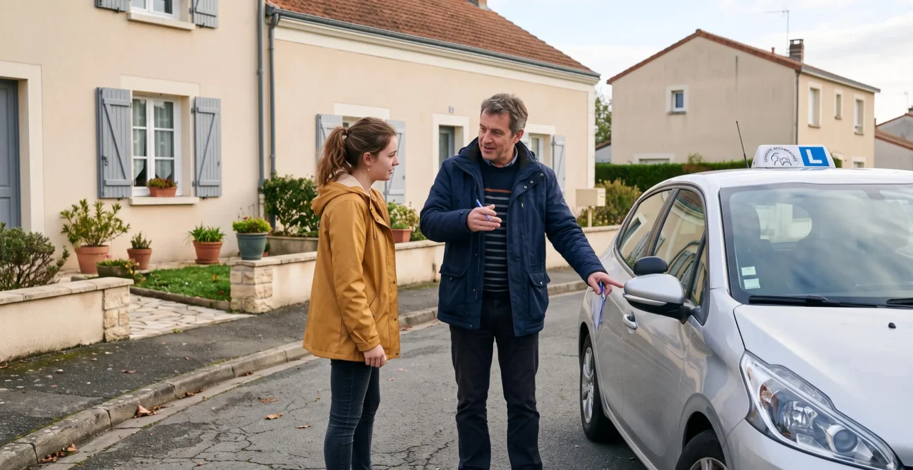 Superviseur adulte expliquant des points clés à un jeune apprenti conducteur debout près d'une voiture dans un quartier résidentiel