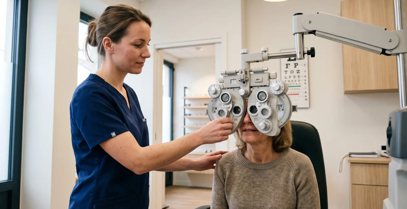 Opticien réalisant un examen de vue avec un réfracteur optométrique sur un patient