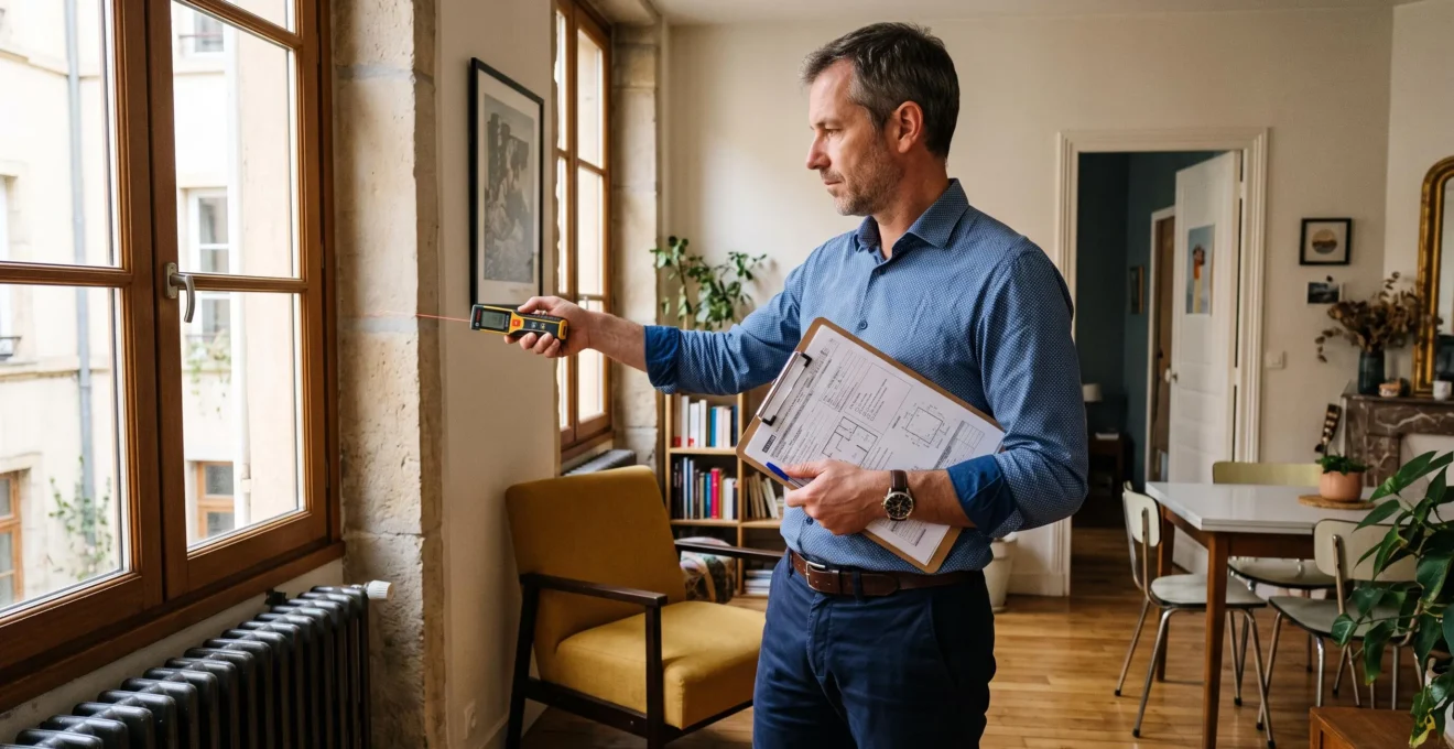 Expert immobilier mesurant une pièce avec un télémètre laser lors d'une évaluation de bien