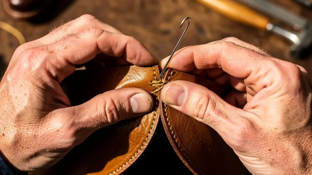 Gros plan sur les mains d'un artisan cousant à la main des pièces de cuir avec la technique du point sellier