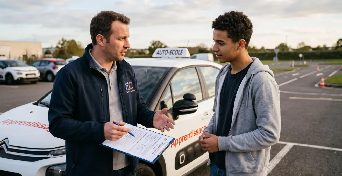 Moniteur d'auto-école professionnel donnant un retour personnalisé à un élève conducteur debout près d'un véhicule de formation