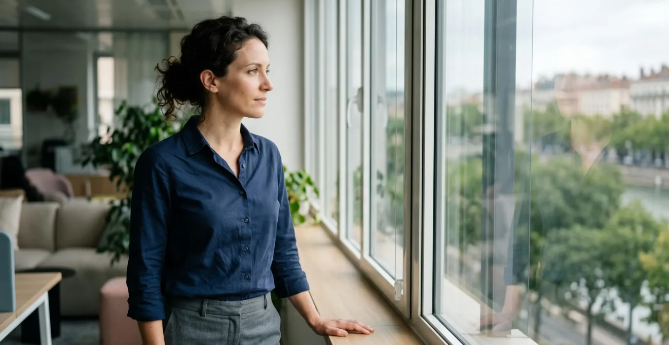 Professionnel debout près d'une fenêtre regardant au loin pour appliquer une pause visuelle