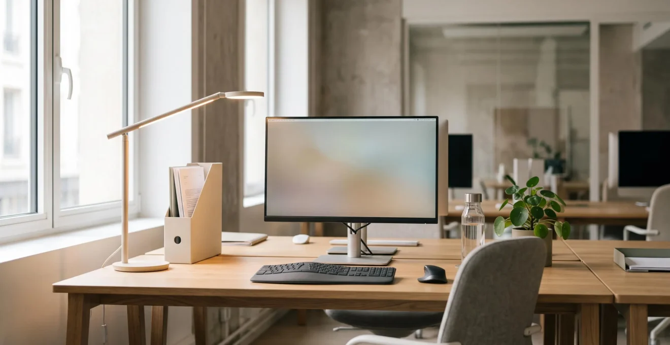 Poste de travail ergonomique avec écran à hauteur des yeux, lampe d'éclairage indirect et lumière naturelle