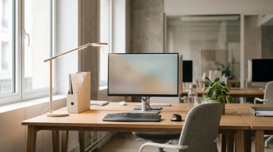 Poste de travail ergonomique avec écran à hauteur des yeux, lampe d'éclairage indirect et lumière naturelle