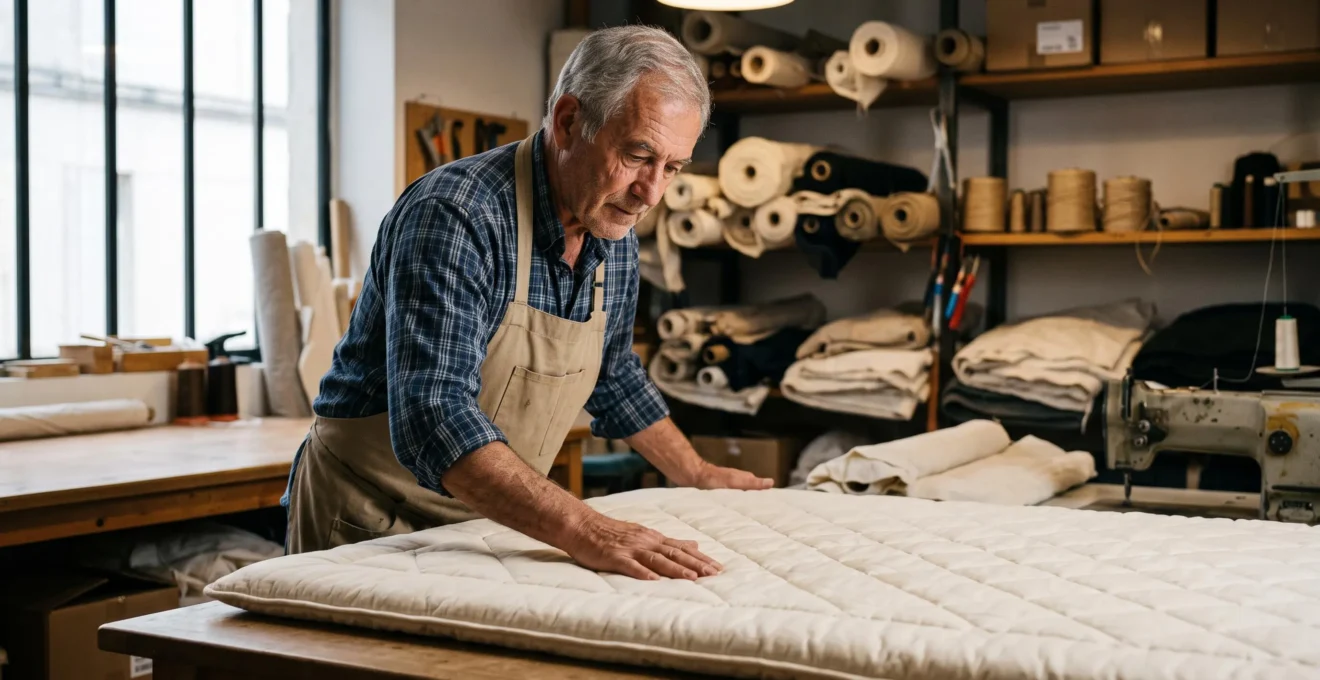 Un artisan contrôle le matelassage et les coutures d'un sur-matelas dans un atelier de literie français.