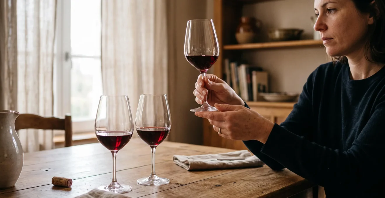 Deux verres de vin côte à côte sur une table en bois, une main soulevant un verre en cristal vers la lumière pour observer sa robe.