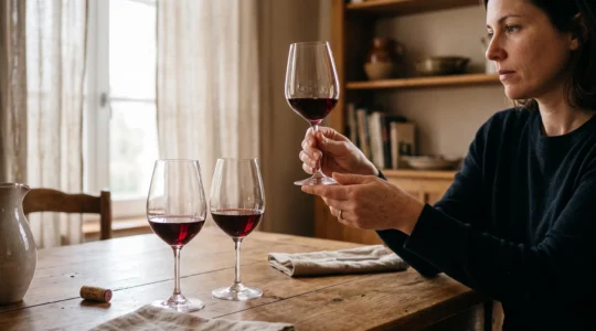 Deux verres de vin côte à côte sur une table en bois, une main soulevant un verre en cristal vers la lumière pour observer sa robe.