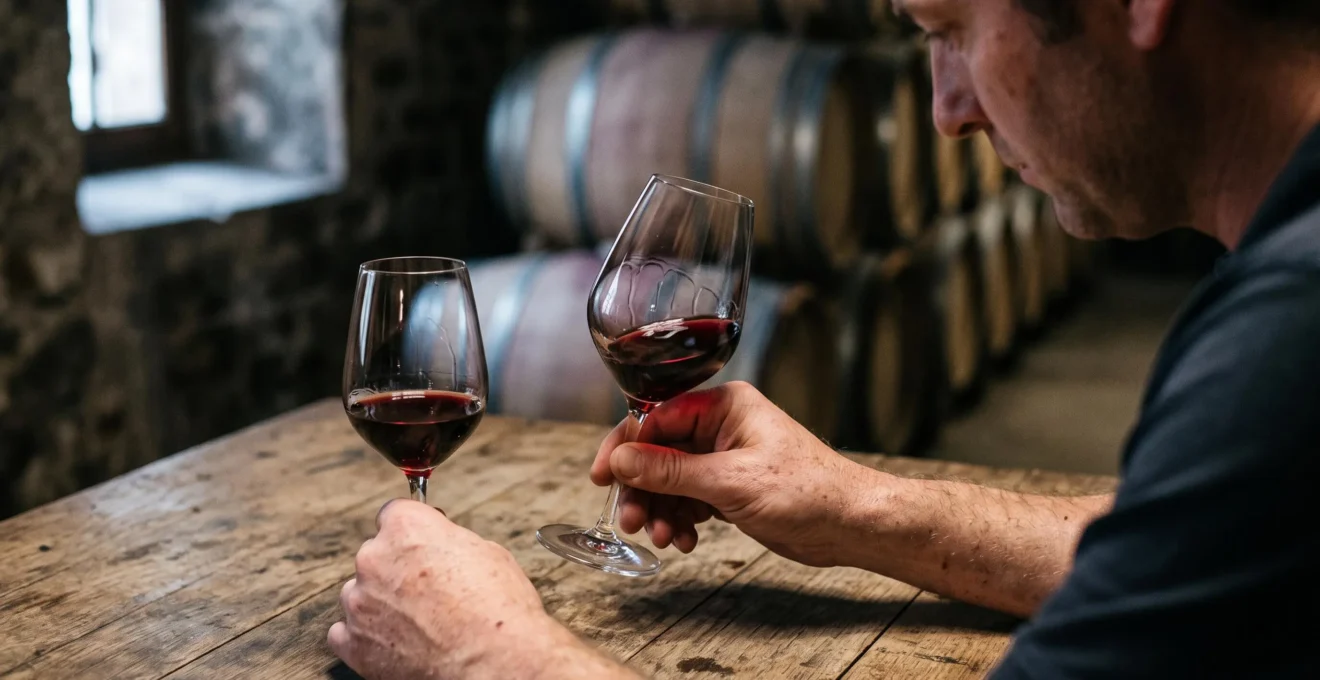 Gros plan sur des mains faisant tournoyer du vin rouge dans un verre en cristal à côté d'un verre trempé, dans une cave de dégustation.