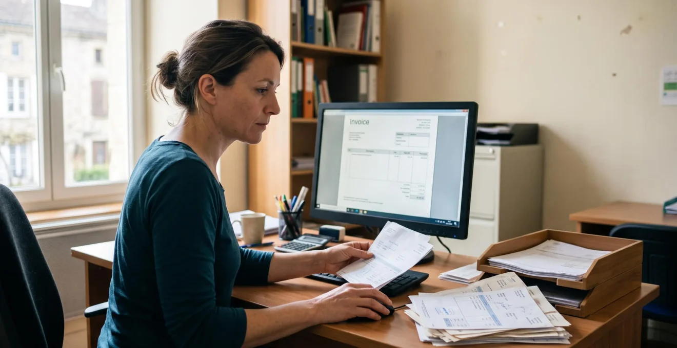 Une dirigeante de TPE traite des factures sur ordinateur à côté d'une pile de factures papier dans son bureau.