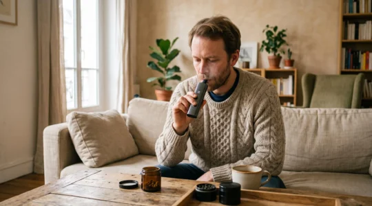 Un homme assis dans un salon utilise un vaporisateur rempli de résine de CBD, en observant l'écran de température de l'appareil.