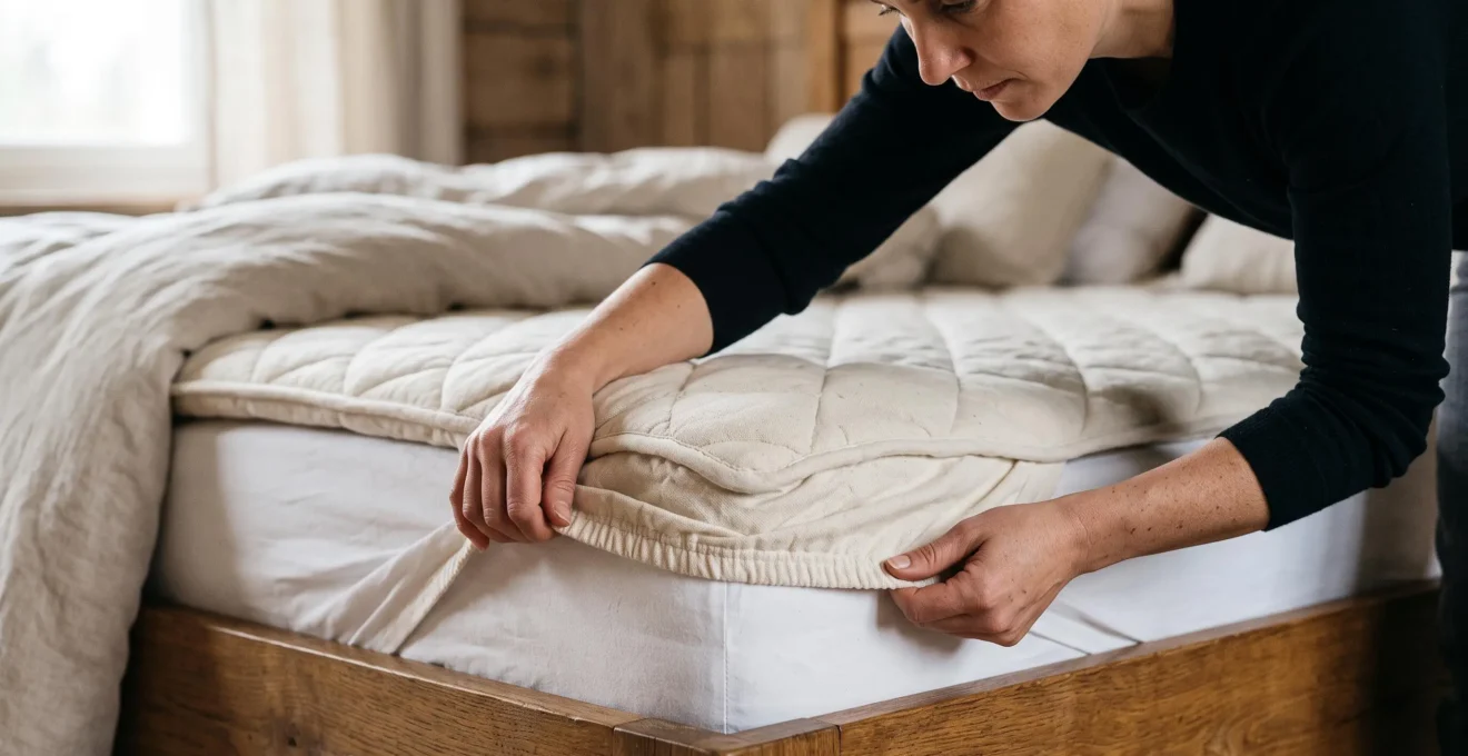 Mains d'une femme fixant le rabat élastique d'un sur-matelas matelassé sur le coin d'un matelas.