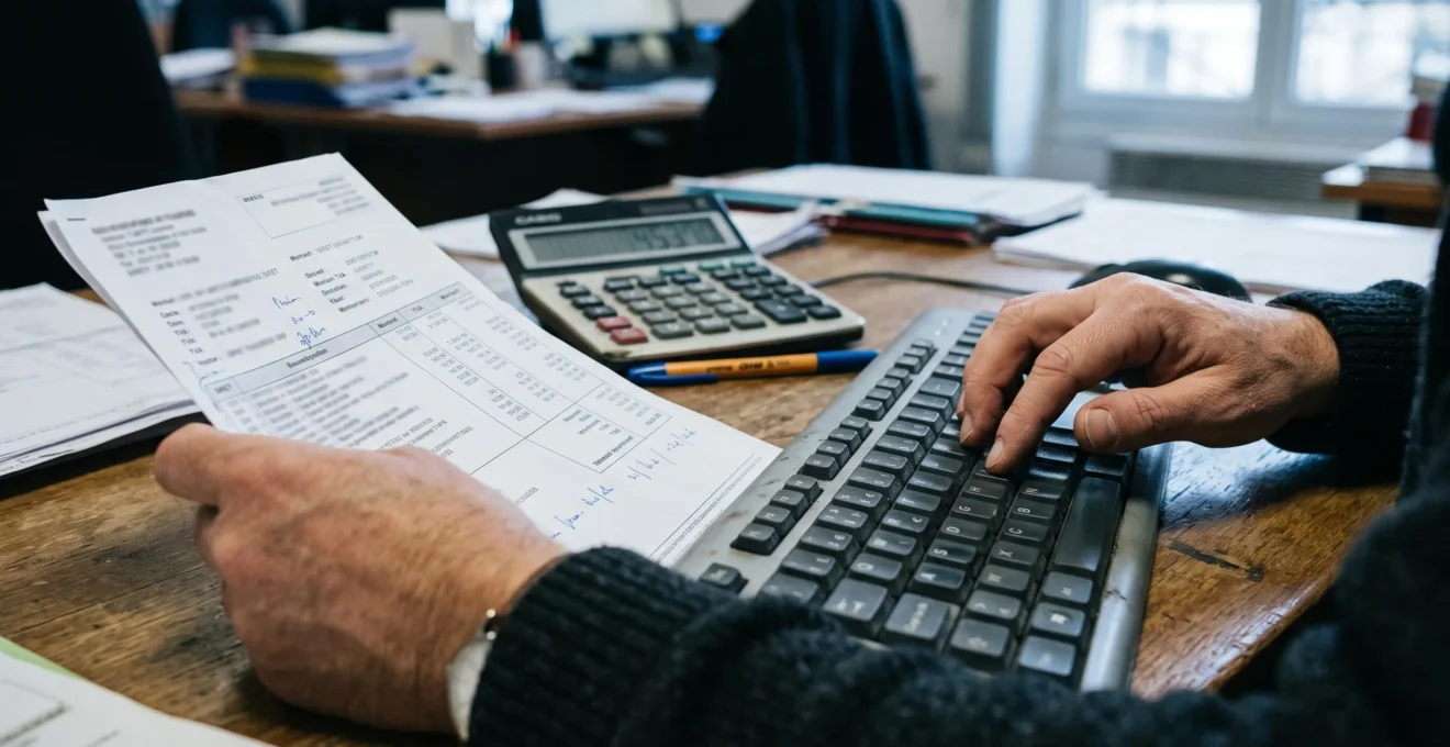Gros plan sur des mains saisissant manuellement les données d'une facture papier sur un clavier d'ordinateur.