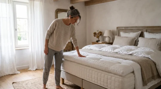 Une femme presse la main sur un sur-matelas épais posé sur un matelas ferme dans une chambre éclairée par la lumière naturelle.