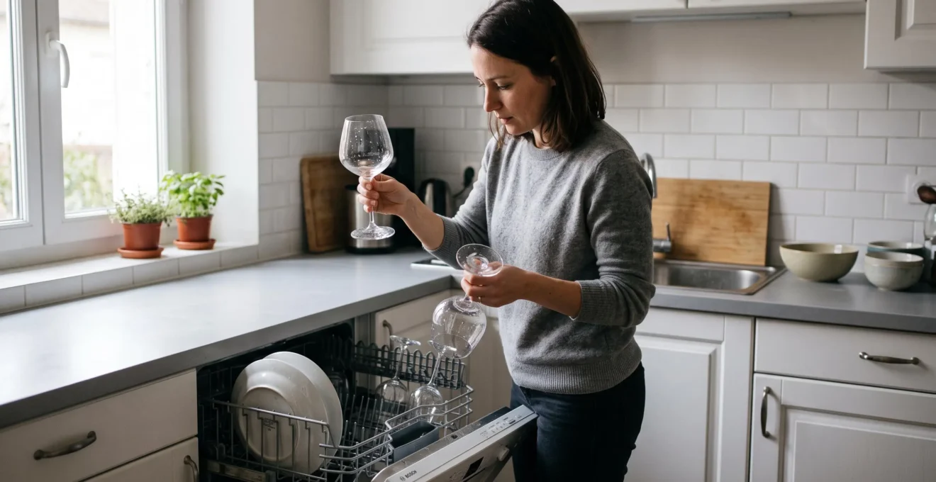 Une femme sort des verres à vin en verre trempé du panier d'un lave-vaisselle dans une cuisine familiale.