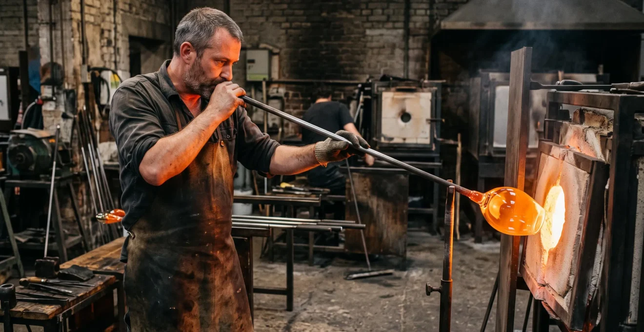 Un verrier souffle un verre de dégustation en cristal dans l'atelier d'une verrerie artisanale française.
